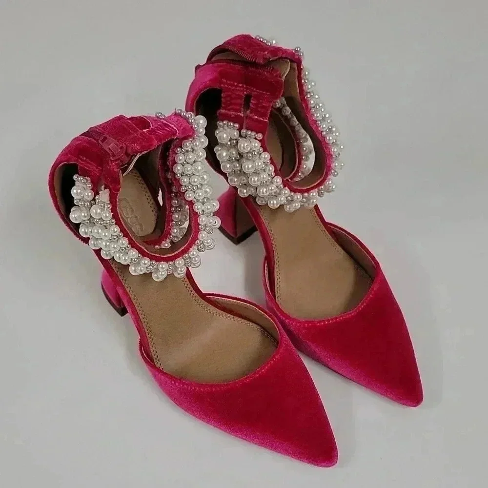 ASOS Hot Pink Velvet Pointed-Toe Heels with Pearl Ankle Straps